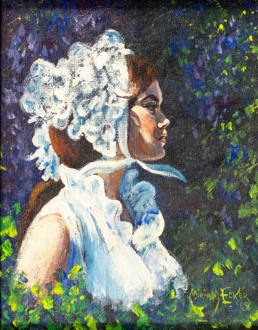 Miriam Ecker (NY,mid 20C) oil painting: ARTIST: Miriam Ecker (New York, mid 20 century) TITLE: Portrait of Woman in White Bonnet YEAR: 1969 MEDIUM: oil on canvas CONDITION: Very good. No visibl