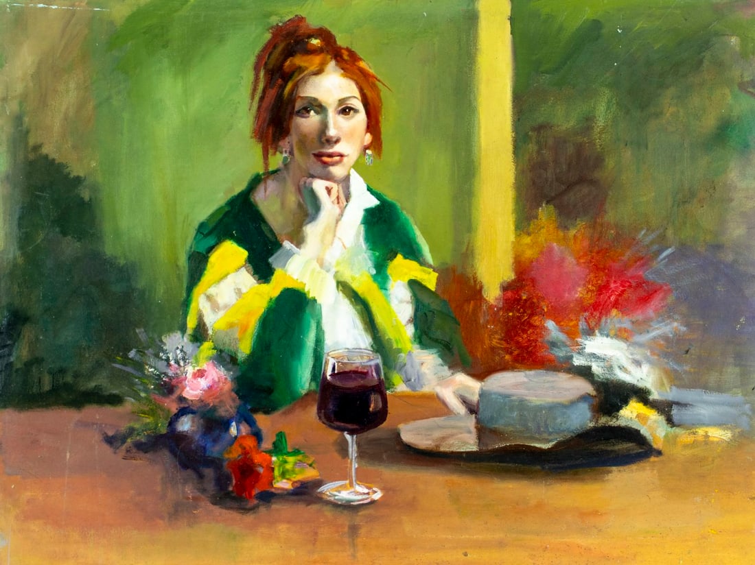 John Reilly (NY,NJ,1942-2021) oil painting: ARTIST: John Reilly (New York, New Jersey, 1942 - 2021) TITLE: Portrait of Woman with Glass of Wine MEDIUM: oil on board CONDITION: Some small damage to the upper left cor
