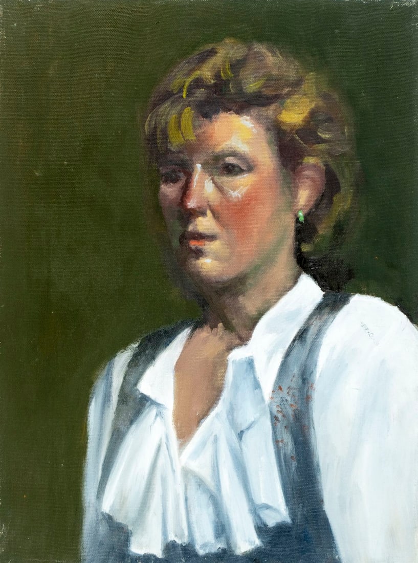 Vintage 20C American oil painting: ARTIST: - (United States, 20 century) TITLE: Portrait of Woman MEDIUM: oil on canvas CONDITION: Few small scratches/paint losses by edges. No visible inpaint under UV light.