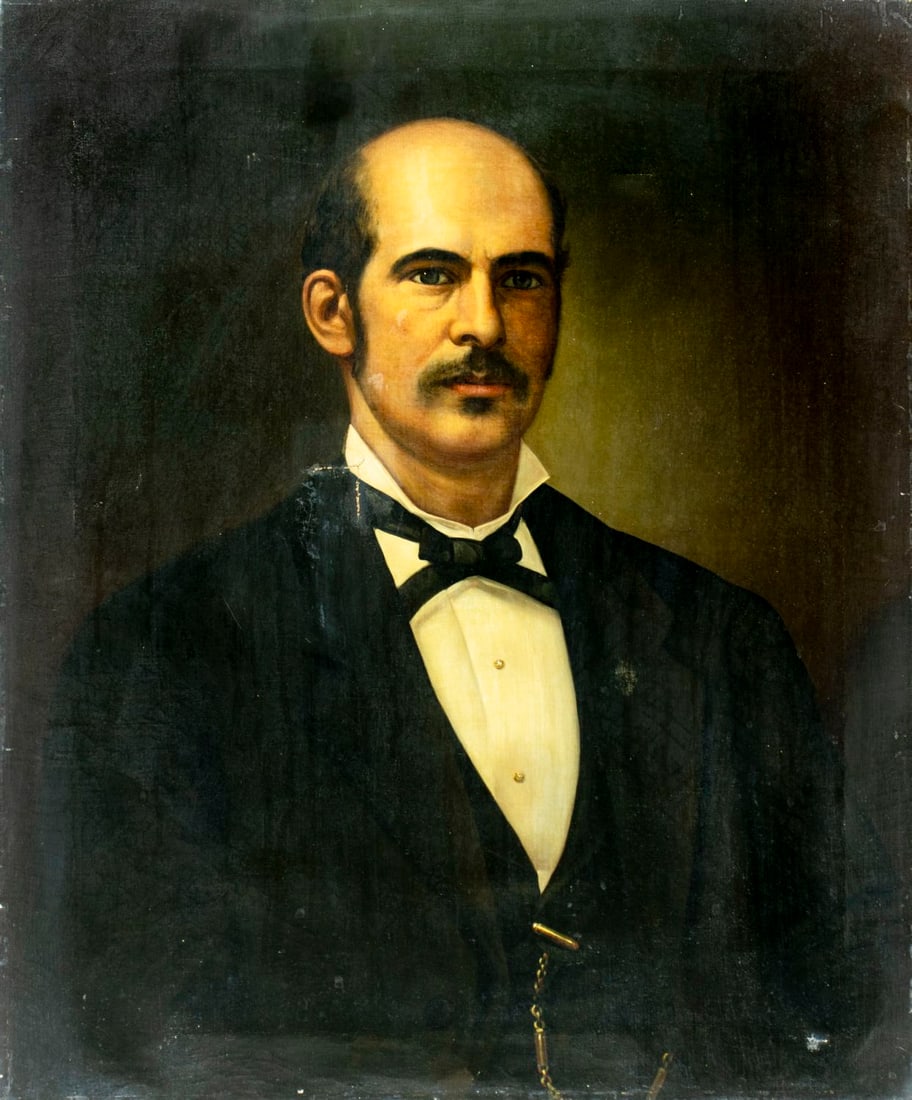 Antique 19C American oil painting: ARTIST: - (American, 19 century) TITLE: Portrait of Man MEDIUM: oil on canvas CONDITION: One patch. Some scratches/paint losses. Minor craquelure. One puncture by the lower