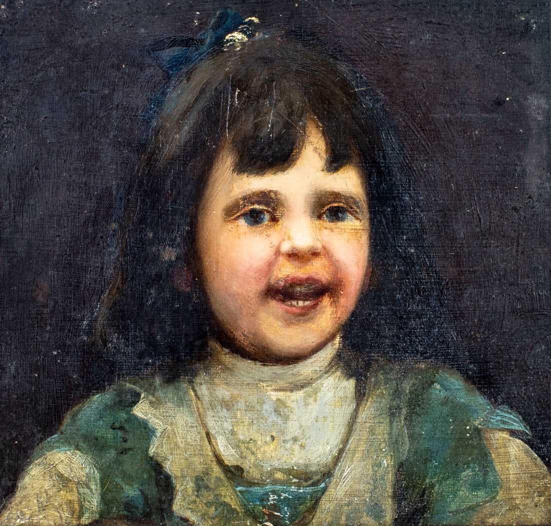 Antique early 20C American oil painting: ARTIST: - (American, early 20 century) TITLE: Portrait of Girl MEDIUM: oil on board CONDITION: Damage to upper right corner. Small paint losses. No visible inpaint under U