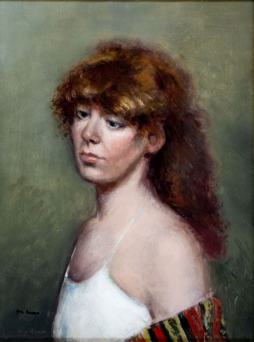 Rozene (US,mid 20C) oil painting: ARTIST: Rozene (American, mid 20 century) TITLE: Portrait of Woman MEDIUM: oil on canvas CONDITION: One small scratch/paint loss by the lower edge. No visible inpaint under