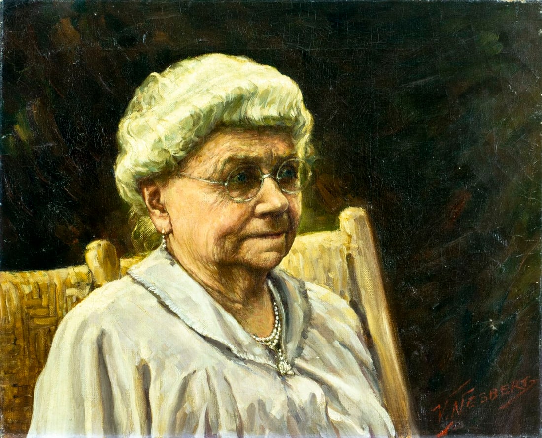 Vincent Nesbert (PA,Poland,1898-1976) oil painting: ARTIST: Vincent Nesbert (Pennsylvania, Polish, 1898 - 1976) TITLE: Portrait of Old Woman MEDIUM: oil on canvas CONDITION: Few small paint losses. Minor craquelure. No visi