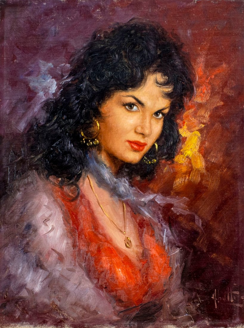 Angelo Batti (Italy,Germany,1933-?) oil painting: ARTIST: Angelo Batti (Italian, German, 1933 - ???) TITLE: Portrait of Gypsy Woman MEDIUM: oil on canvas CONDITION: Minor paint losses. No visible inpaint under UV light.