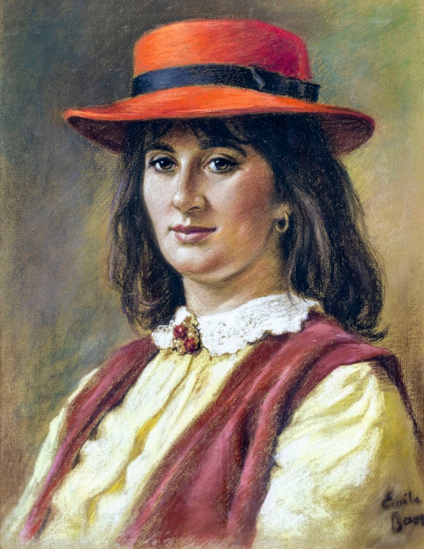 Emile Baes (Belgium,1879-1953) pastel painting: ARTIST: Emile Baes (Belgian, 1879 - 1953/54) TITLE: Portrait of Woman with Red Hat MEDIUM: pastel on paper CONDITION: Very good. Framed under glass. Wear to frame.