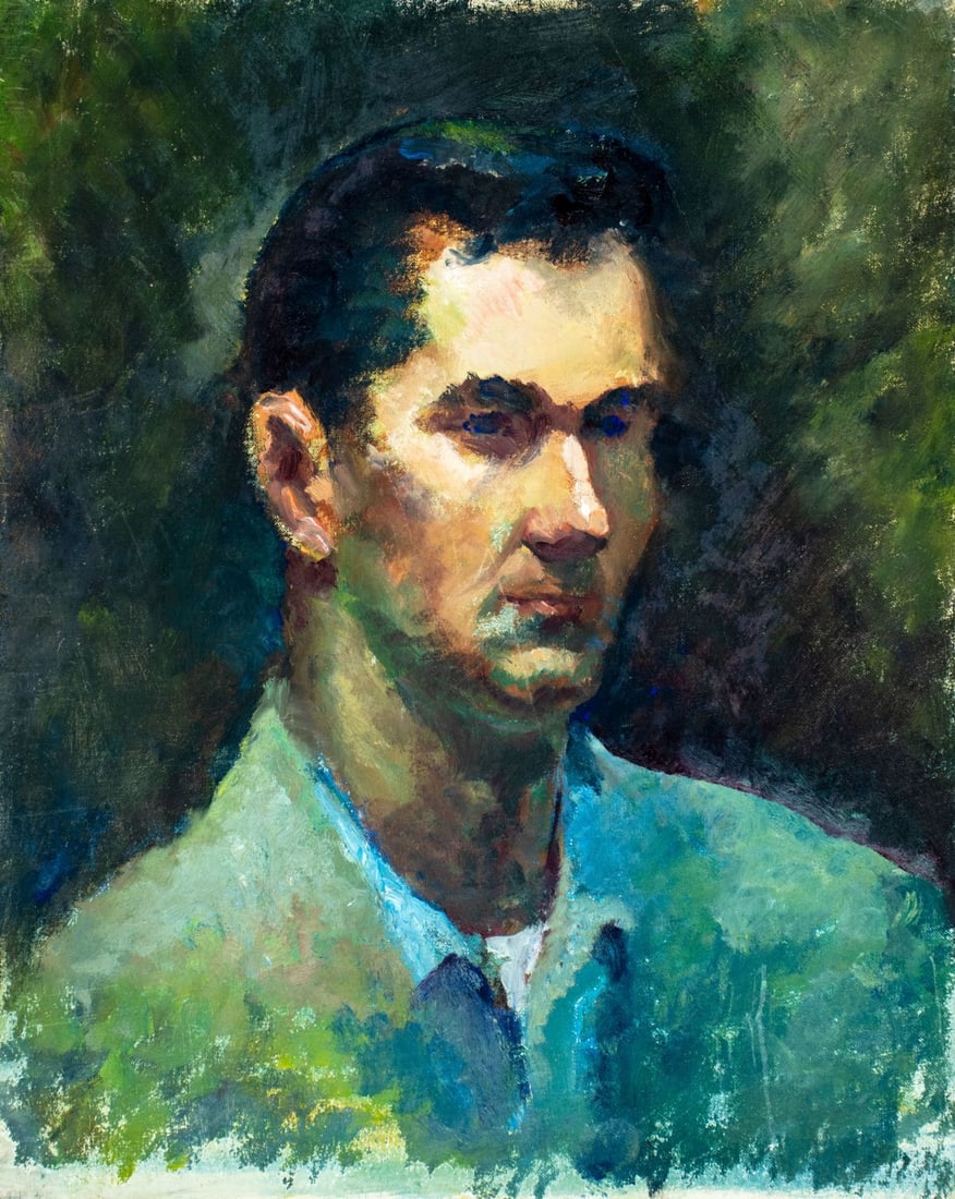 Vintage mid 20C New Jersey oil painting: ARTIST: - (New Jersey, mid 20 century) TITLE: Portrait of Man MEDIUM: oil on canvas board CONDITION: Overall good. No visible inpaint under UV light. Normal wear along edg