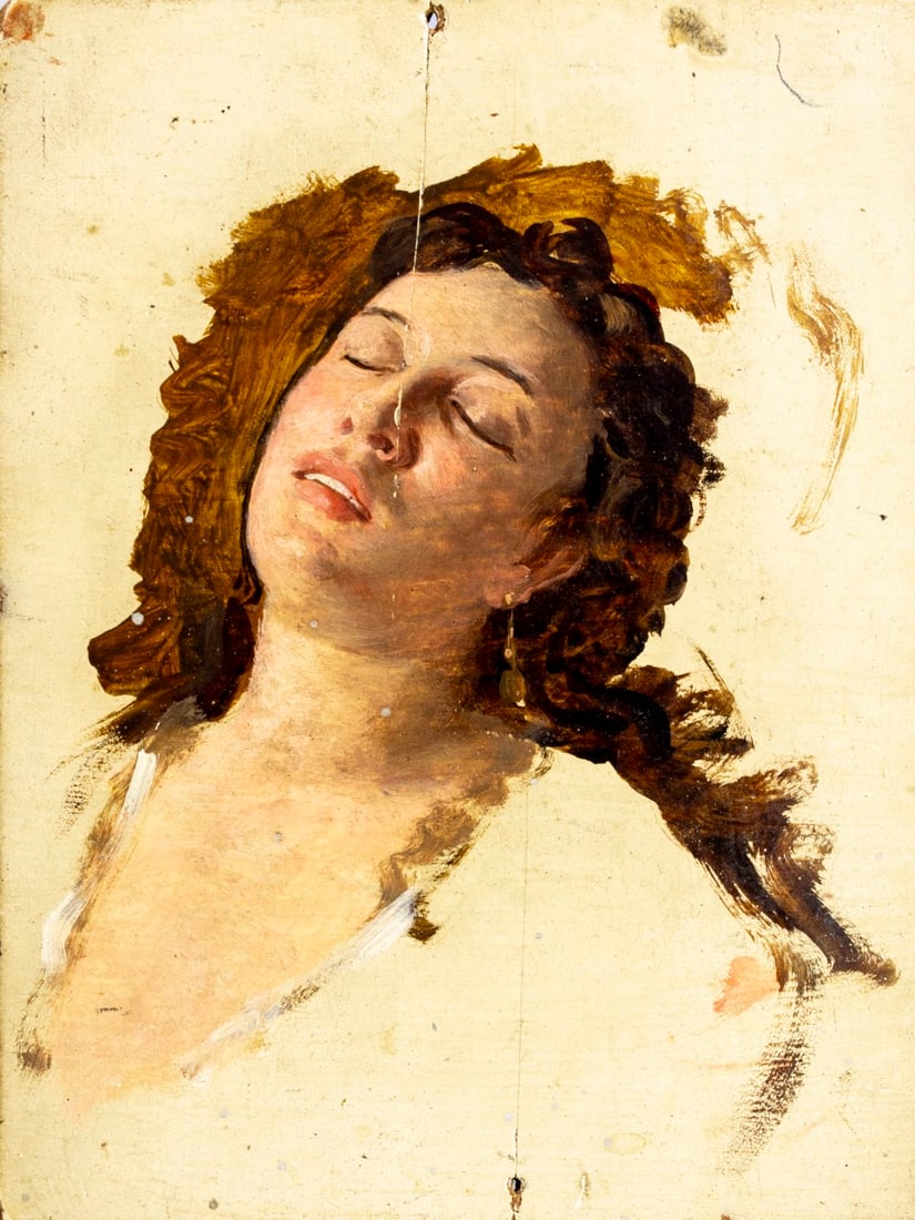 Vintage mid 20C oil painting: ARTIST: - (mid 20 century) TITLE: Portrait of Woman MEDIUM: oil on board CONDITION: Minor damages to corners and edges. Two nail holes by the upper and lower edges. Two vert