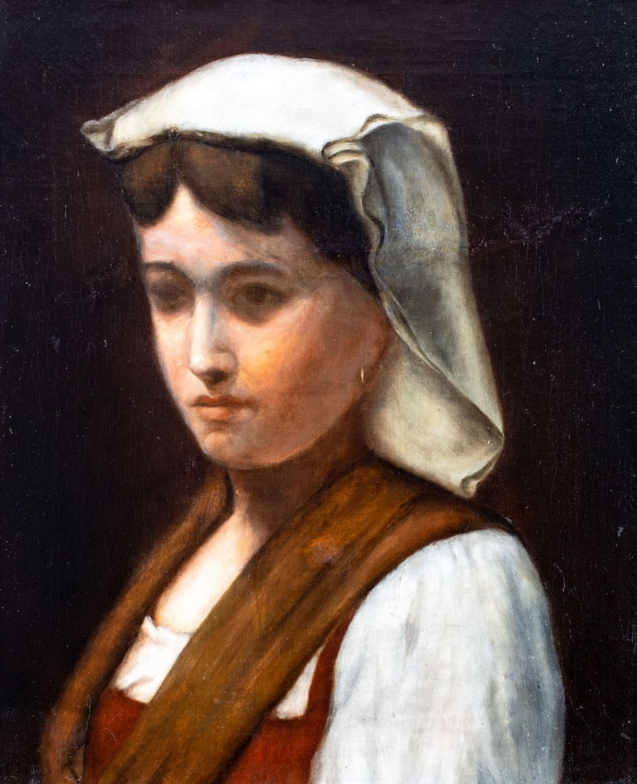 Antique 19C American oil painting: ARTIST: - (American, 19 century) TITLE: Portrait of Woman MEDIUM: oil on canvas CONDITION: Few tears repaired with corresponding inpaintings. ART SIZE: