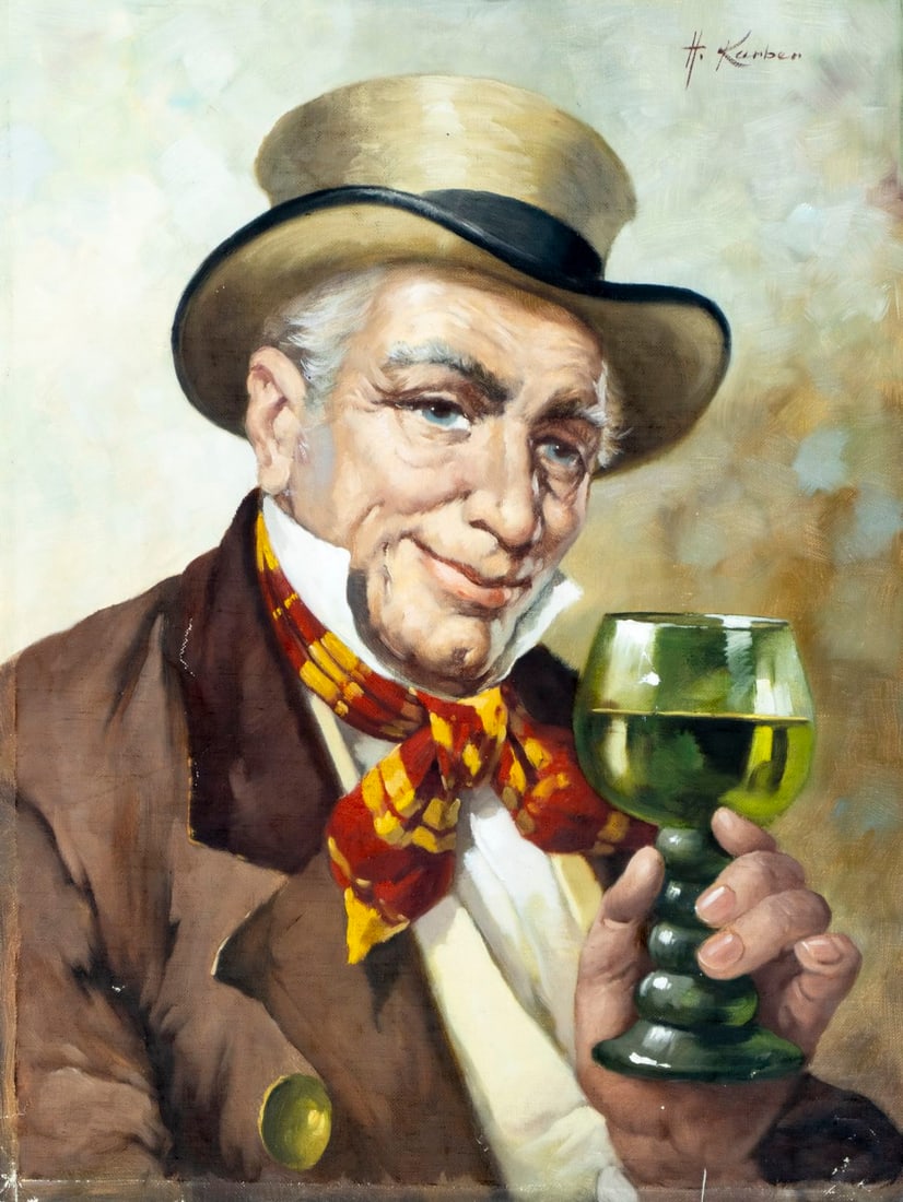 Hans Kerber (Austria,1920-?) oil painting: ARTIST: Hans Kerber (Austrian, 1920 - ???) TITLE: Man Drinking Wine MEDIUM: oil on canvas CONDITION: Unstretched (In-House stretching available) (In-House stretching avail