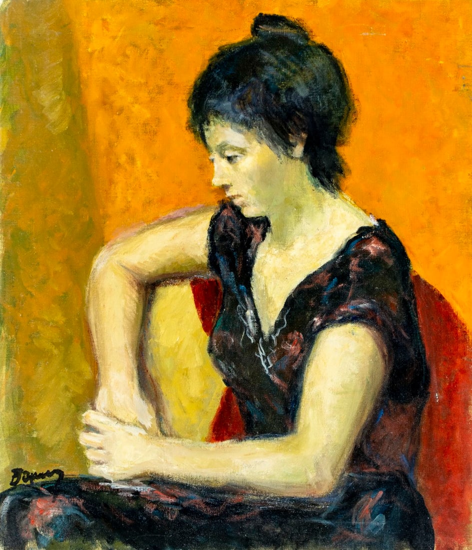Albert Bela Bauer (Hungary,1899-1998) oil painting: ARTIST: Albert Bela Bauer (Hungarian, 1899 - 1998) TITLE: Portrait of Woman in Black Dress MEDIUM: oil on canvas CONDITION: One pinhole. Few minor scratches/paint losses m