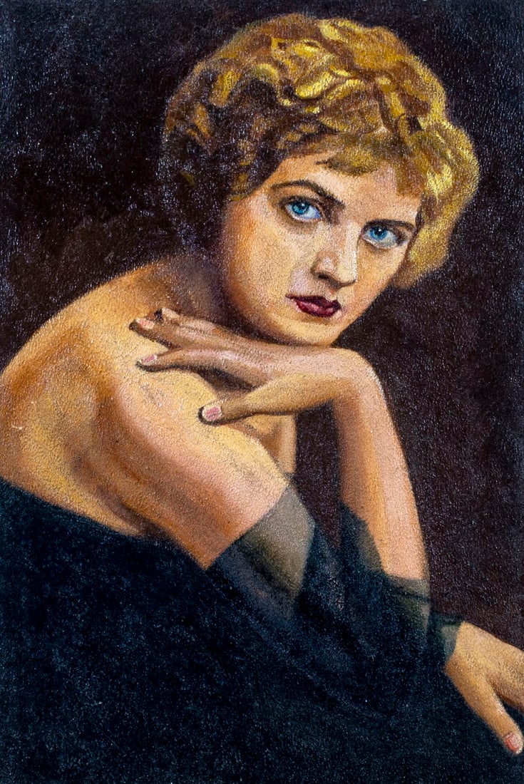 Antique early 20C American oil painting: ARTIST: - (American, early 20 century) TITLE: Portrait of Woman MEDIUM: oil on board CONDITION: Small damages to upper left corner. Few minor paint losses. No visible inpa