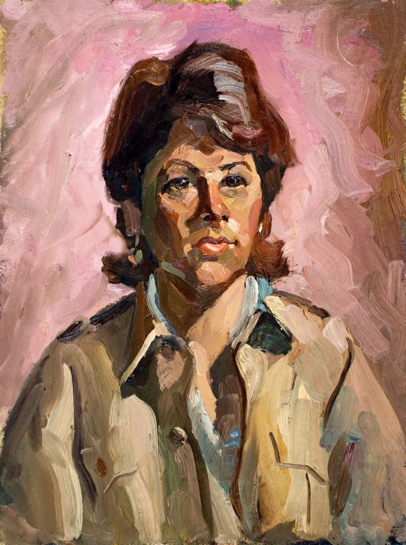 Vintage mid 20C New Jersey oil painting: ARTIST: - (New Jersey, mid 20 century) TITLE: Portrait of Woman MEDIUM: oil on canvas board CONDITION: Overall good. No visible inpaint under UV light. Normal wear along