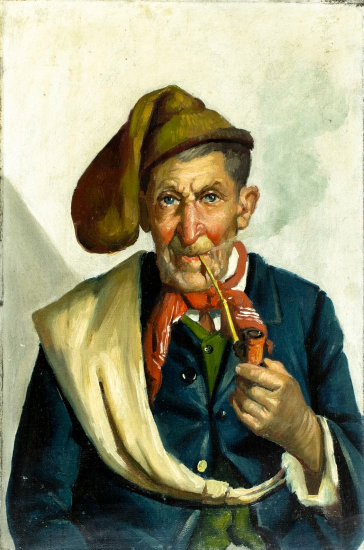 Antique early 20C Italian oil painting: ARTIST: - (Italy, early 20 century) TITLE: Portrait of Italian Man with Pipe MEDIUM: oil on canvas CONDITION: Few minor paint losses mostly in the lower left quadrant. No vi