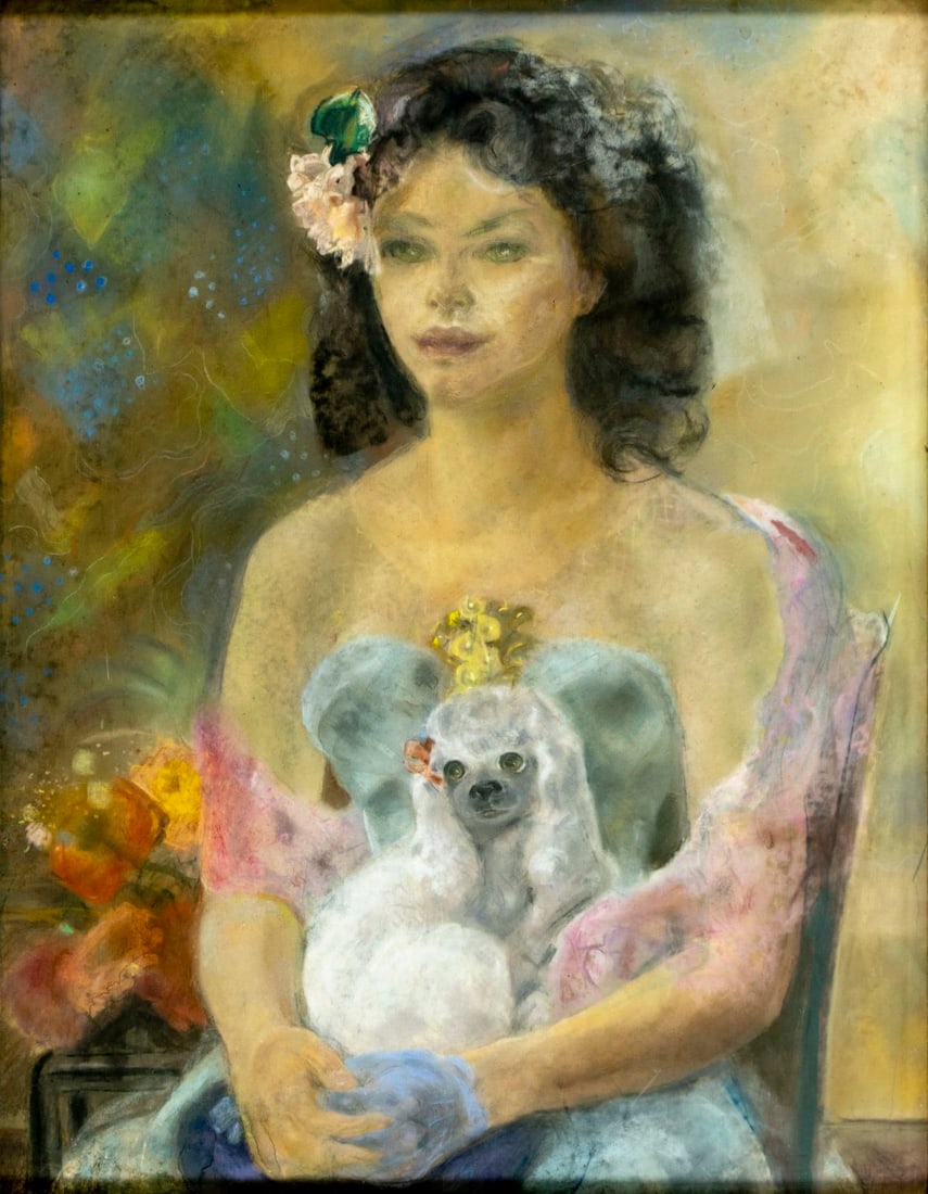 Vintage 20C pastel painting: ARTIST: - (20 century) TITLE: Portrait of Woman with Poodle Dog MEDIUM: pastel on paper CONDITION: Minor staining mostly in the upper right quadrant. Some age toning. Framed