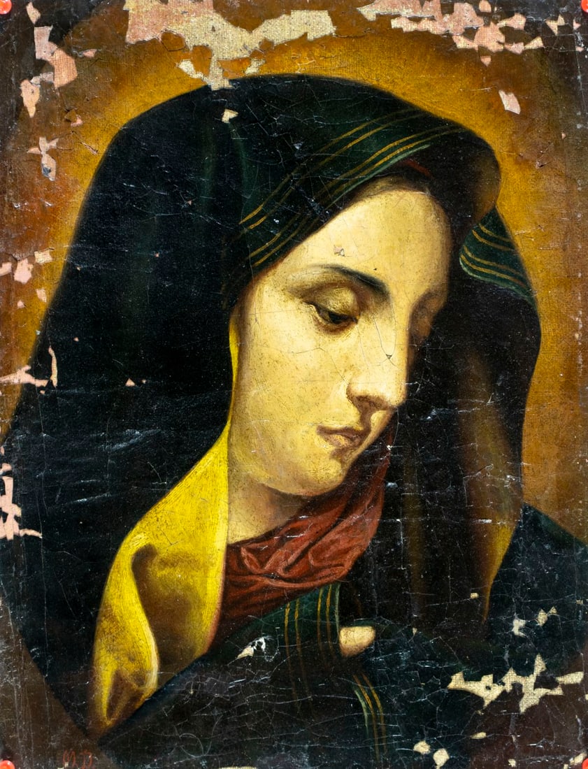 Antique 19C European oil painting: ARTIST: - (Europe, 19 century) TITLE: Mater Dolorosa MEDIUM: oil on canvas CONDITION: Unmounted. Few pinholes by the corners. Some flaking/paint losses (see pictures careful