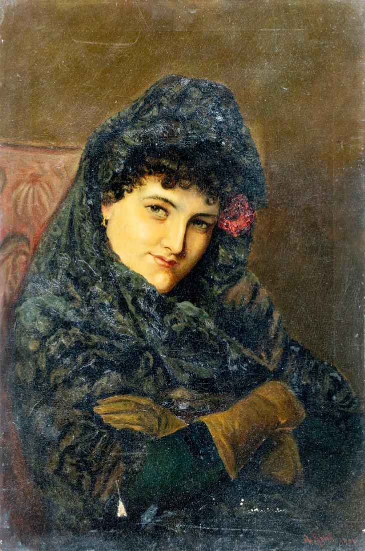 A Revill (UK,early 20C) oil painting antique: ARTIST: A Revill (United Kingdom, early 20 century) after John Bagnold Burgess (UK, 1830 - 1897) TITLE: Portrait of Woman YEAR: 1907 MEDIUM: oil on canvas CONDI