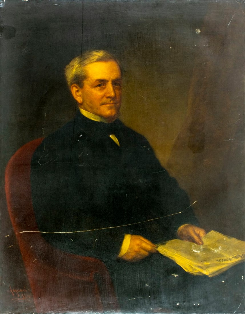 Giuseppe Fagnani (NY,Italy,1819-1873) oil painting antique: ARTIST: Giuseppe Fagnani (New York,Italian, 1819 - 1873) TITLE: Portrait of Man with Newspaper YEAR: 1864 MEDIUM: oil on canvas CONDITION: Some patches.