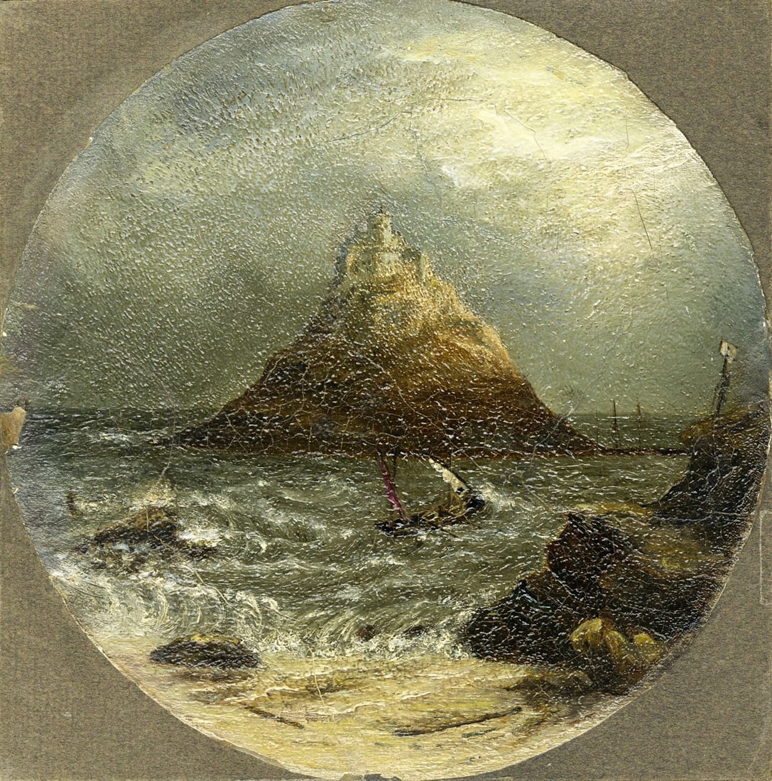 Antique 19C European oil painting: ARTIST: - (Europe, 19 century) TITLE: Rocky Coast Seascape MEDIUM: oil on board CONDITION: Some damages to edges. Few minor scratches/paint losses. Some craquelure. Some sca