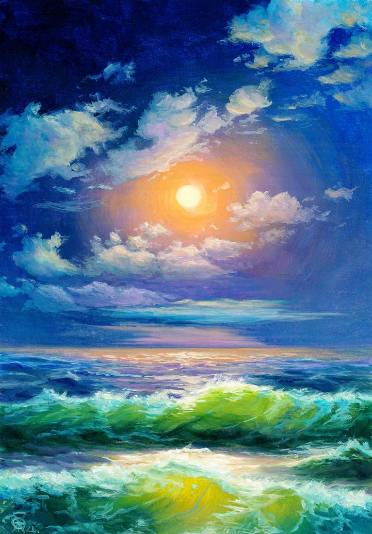 Oleksandr Pukhno (Ukraine,20/21C) oil painting: ARTIST: Oleksandr Pukhno (Ukraine, 20/21 centuries) TITLE: Sunset Seascape MEDIUM: oil on heavy paper CONDITION: Very good. No visible inpaint under UV light. ART