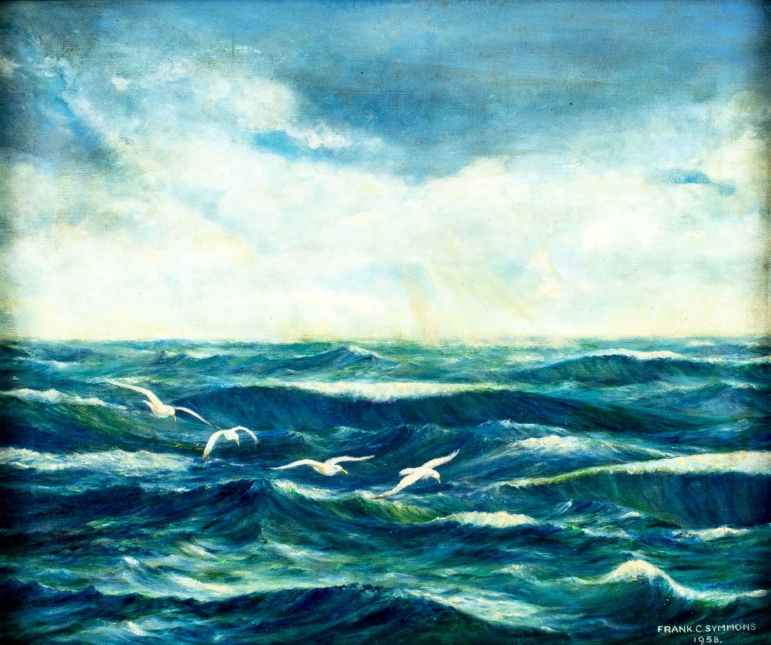 Frank C Symmons (US,mid 20C) oil painting: ARTIST: Frank C Symmons (American, mid 20 century) TITLE: Seascape with Seagulls YEAR: 1958 MEDIUM: oil on canvas CONDITION: Minor craquelure. No visible