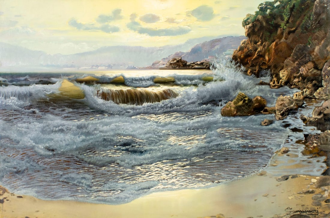 Ottorino Campagnari (Italy,1910-1981) oil painting: ARTIST: Ottorino Campagnari (Italian, 1910 - 1981) TITLE: Coastal Landscape MEDIUM: oil on canvas CONDITION: Unstretched (In-House stretching available) (In-House stretchi