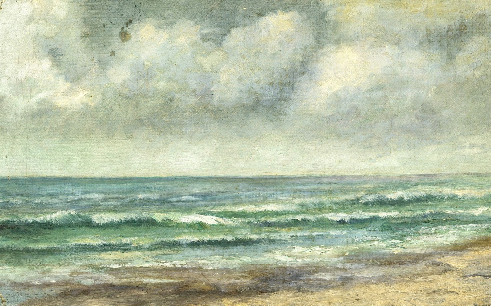 Antique early 20C oil painting: ARTIST: - (early 20 century) TITLE: Cloudy Coastal Seascape MEDIUM: oil on canvas CONDITION: Unmounted. Some paint losses (see pictures carefully). Some craquelure. No visib