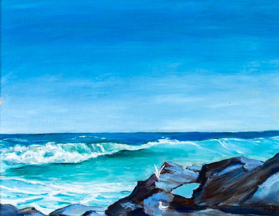 Vintage mid 20C American oil painting signed: ARTIST: - (American, mid 20 century) TITLE: Seascape MEDIUM: oil on canvas CONDITION: Missing a few flakes of paint. Some craquelure. No visible inpaint under UV light. We