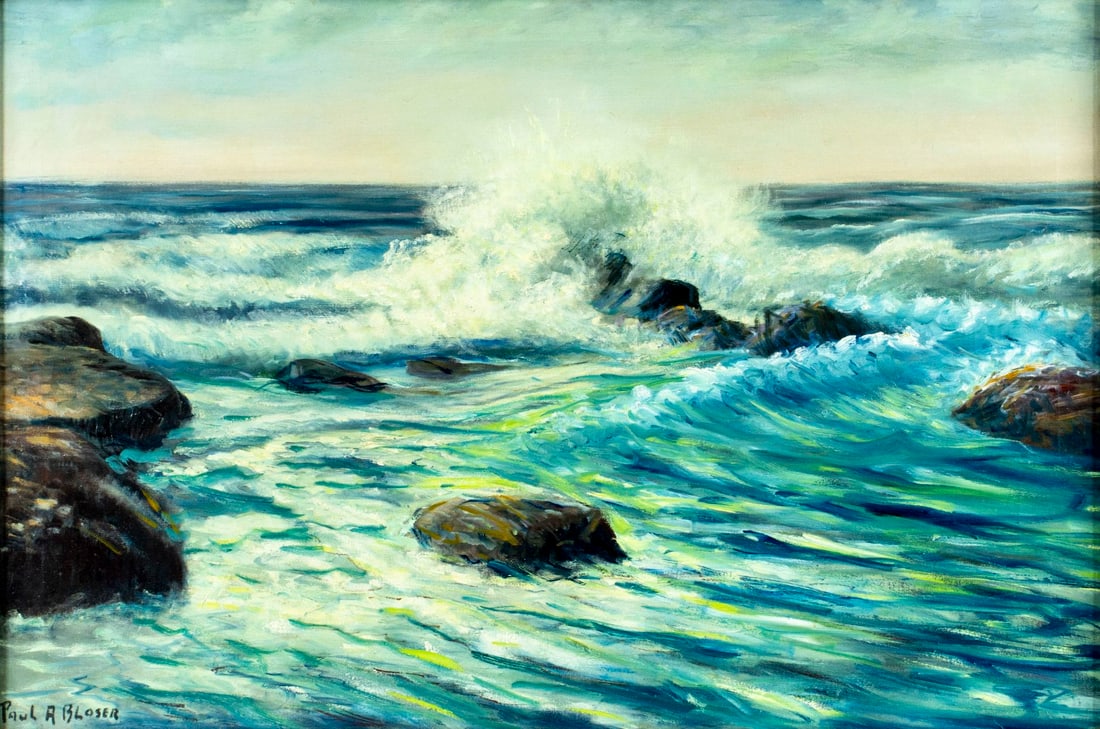 Paul A Bloser (PA,NJ,1891-1971) oil painting: ARTIST: Paul A Bloser (Pennsylvania, New Jersey, 1891 - 1971) TITLE: Seascape MEDIUM: oil on canvas CONDITION: Would benefit from cleaning. Some craquelure. No visible inp
