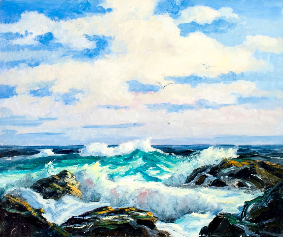 George Holloway (NJ,20C) oil painting: ARTIST: George Holloway (New Jersey, 20 century) TITLE: Seascape MEDIUM: oil on board CONDITION: Very good. No visible inpaint under UV light. ART SIZE: