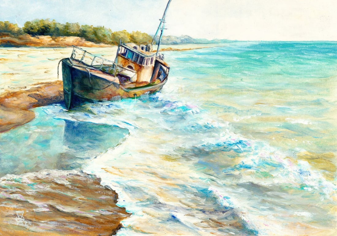 Oleksandr Pukhno (Ukraine,20/21C) oil painting: ARTIST: Oleksandr Pukhno (Ukraine, 20/21 centuries) TITLE: Coastal Seascape with Boat MEDIUM: oil on heavy paper CONDITION: Very good. No visible inpaint under UV light.