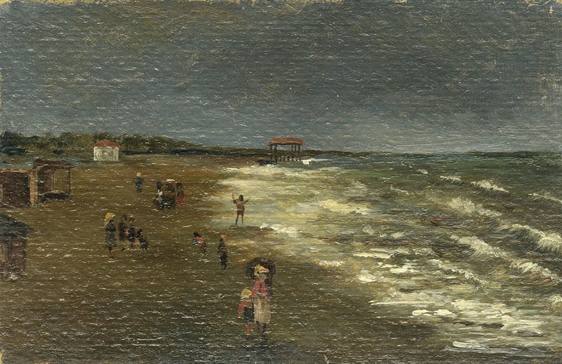 Antique early 20C European oil painting: ARTIST: - (Europe, early 20 century) TITLE: Evening Beach Seascape with Figures MEDIUM: oil on board CONDITION: Minor damages to corners. Few minor scratches/paint losses. N