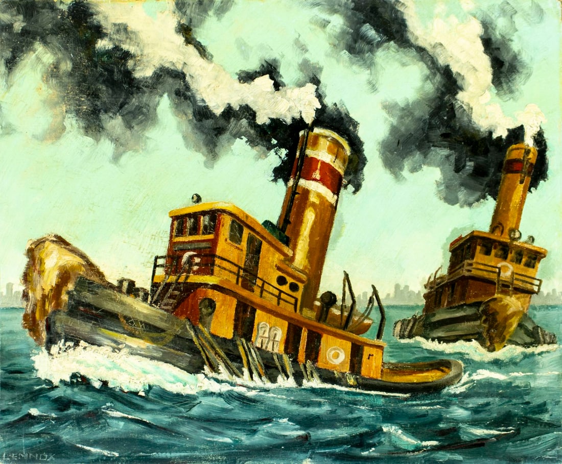 Lennox (US,mid 20C) oil painting: ARTIST: Lennox (American, mid 20 century) TITLE: Seascape with Tugboats MEDIUM: oil on canvas board CONDITION: Some scratches/paint losses mostly in the lower right quadrant
