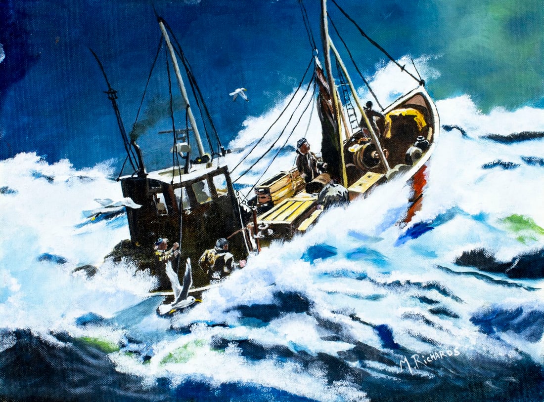 M Richards (US,20C) oil painting: ARTIST: M Richards (American, 20 century) TITLE: Fishing Boat In Ocean MEDIUM: oil on canvas board CONDITION: Very good. No visible inpaint under UV light. ART SI