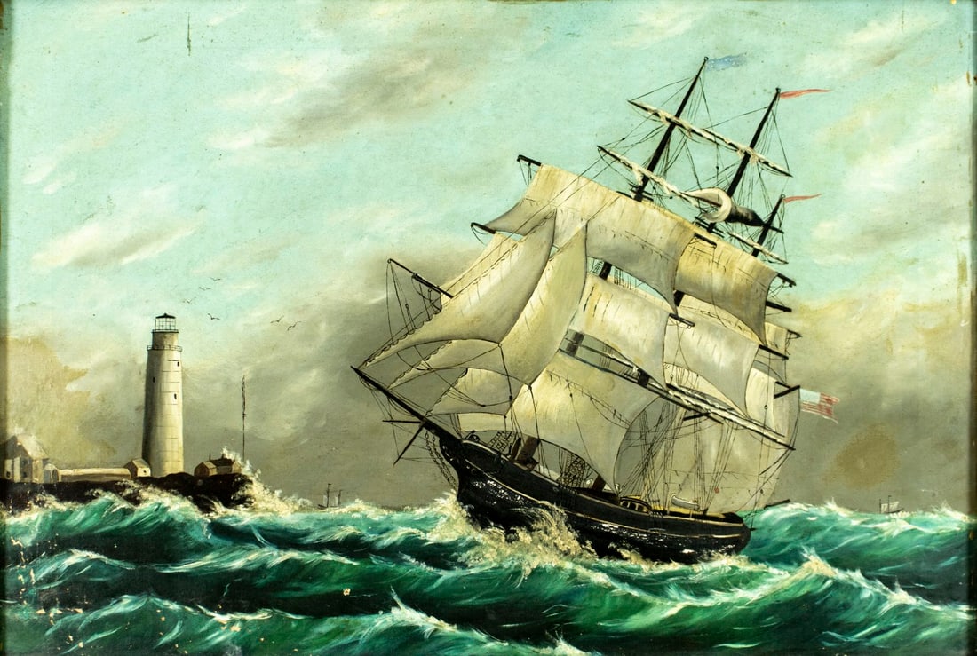 Antique 19C American oil painting: ARTIST: - (American, 19 century) TITLE: Seascape with Sail Ship and Lighthouse MEDIUM: oil on canvas CONDITION: Few repaired tears. One nail hole to the right edge. Some scr