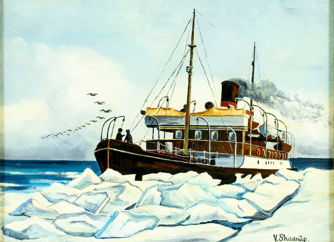 V Skaarup (Denmark,20C) oil painting: ARTIST: V Skaarup (Danish, 20 century) TITLE: Mjolner Ship (titled on verso) MEDIUM: oil on canvas CONDITION: Very good. No visible inpaint under UV light. Wear to frame.