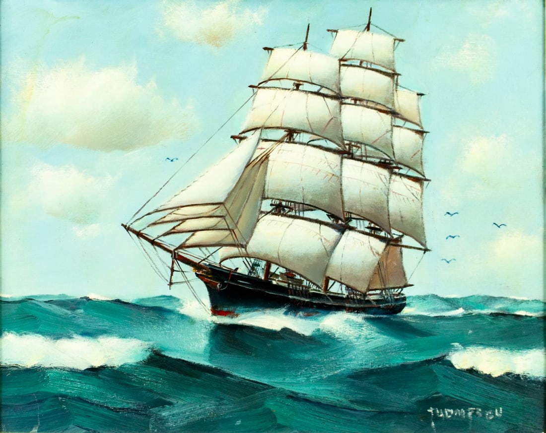 Ellery Thompson (CT,1899-1987) oil painting: ARTIST: Ellery Thompson (Connecticut, 1899 - 1987) TITLE: Seascape with Sail Ship YEAR: 1967 MEDIUM: oil on canvas board CONDITION: Minor scratches/paint