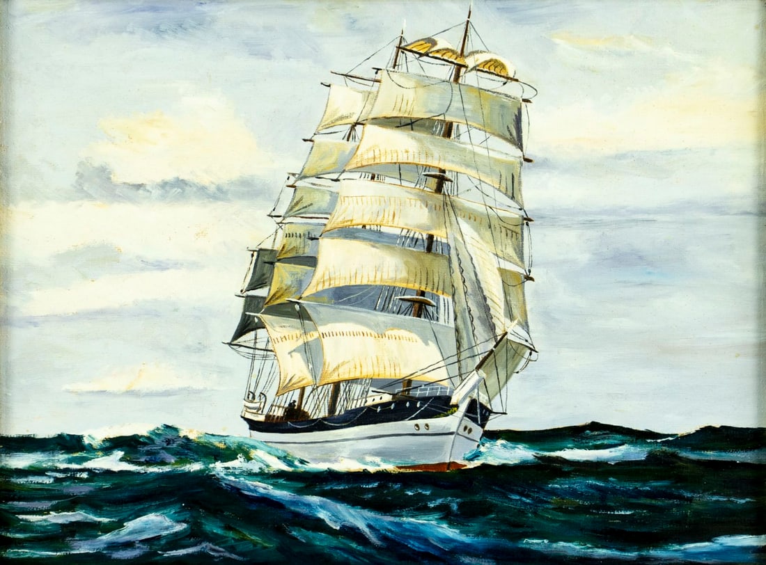 Vintage 20C Danish oil painting: ARTIST: - (Denmark, 20 century) TITLE: Seascape with Sail Ship MEDIUM: oil on canvas CONDITION: Overall good. No visible inpaint under UV light. Wear to frame. AR