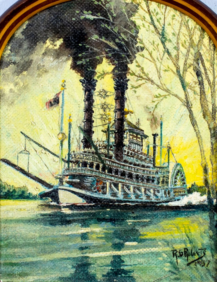 R G Roberts (US,early 20C) oil painting antique: ARTIST: R G Roberts (American, early 20 century) TITLE: Steamboat YEAR: 1937 MEDIUM: oil on board CONDITION: Minor damages to lower corners. No visible i