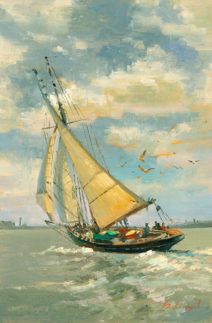 Volodymyr Budenkevych (Ukraine,20/21C) oil painting: ARTIST: Volodymyr Budenkevych (Ukraine, 20/21 centuries) TITLE: Seascape with Sailboat MEDIUM: oil on heavy paper CONDITION: Very good. No visible inpaint under UV light.