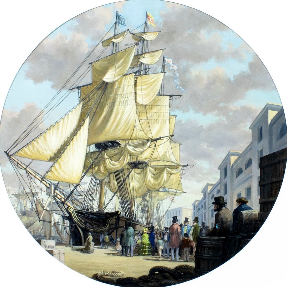 Leonard John Pearce (UK,1932-2019) oil painting: ARTIST: Leonard John Pearce (United Kingdom, 1932 - 2019) TITLE: Sail Ship Oriental YEAR: circa 1986 MEDIUM: oil on board CONDITION: Some damages to co