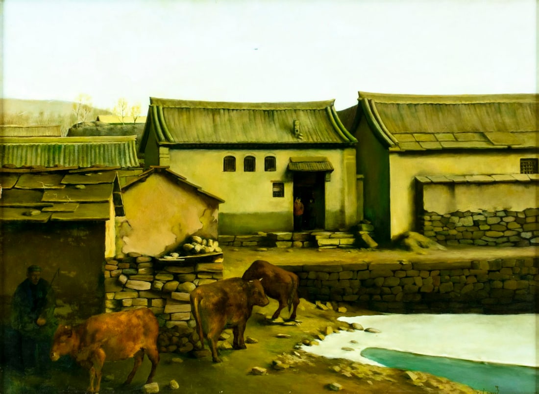 Vintage 20C Chinese oil painting signed: ARTIST: - (China, 20 century) TITLE: Chinese Village Scene with Cows MEDIUM: oil on board CONDITION: Some scratches/paint losses. No visible inpaint under UV light. Wear