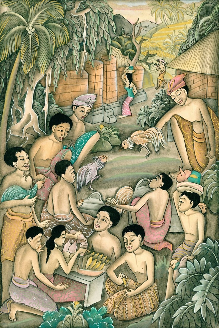 Ketut Tjetag (Indonesia,20C) watercolor painting: ARTIST: Ketut Tjetag (Indonesian, 20 century) TITLE: Indonesian Landscape MEDIUM: watercolor on paper CONDITION: Minor damages to corners. Some age toning. ART SI