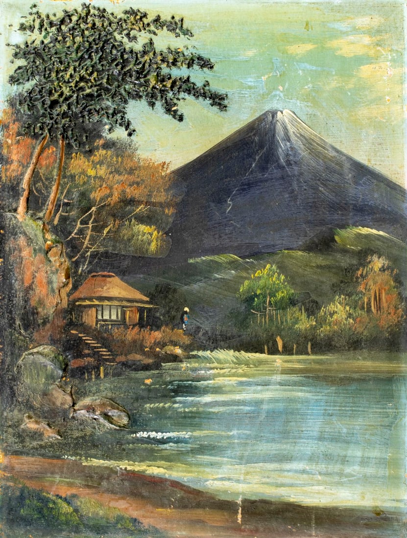 Vintage mid 20C Japanese oil painting: ARTIST: - (Japan, mid 20 century) TITLE: Japanese Mountain Landscape MEDIUM: oil on board CONDITION: Minor damages to corners. Some scratches/paint losses. No visible inpain