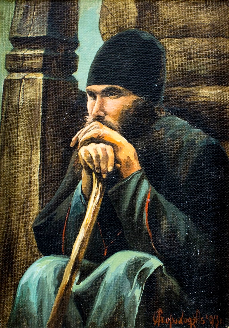 A Skorohodov (Russia,20C) oil painting: ARTIST: A Skorohodov (Russian, 20 century) TITLE: Portrait of Monk YEAR: 1993 MEDIUM: oil on canvas CONDITION: Very good. No visible inpaint under UV li