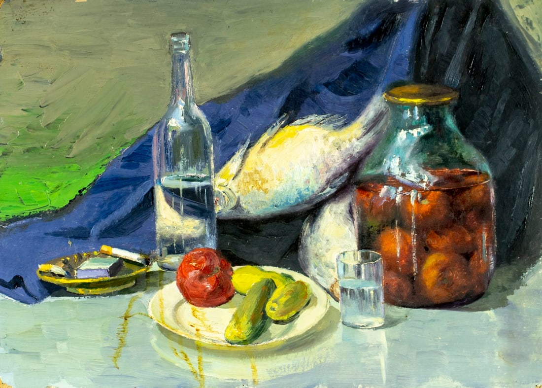 Vintage 20C Russian oil painting: ARTIST: - (Russia, 20 century) TITLE: Still Life with Vodka and Fish MEDIUM: oil on board CONDITION: Some damages to corners. Few pinholes by the corners. Some staining. Som