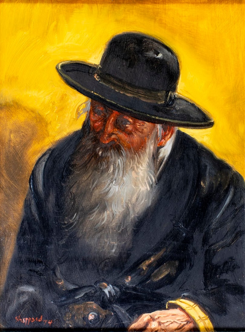 ATTR Joseph Sheppard (MD,Italy,1930-?) oil painting: ARTIST: ATTRIBUTED TO Joseph Sherly Sheppard (Maryland, Italian, 1930 - ???) TITLE: Portrait of Rabbi YEAR: 1974 MEDIUM: oil on board CONDITION: Few mino