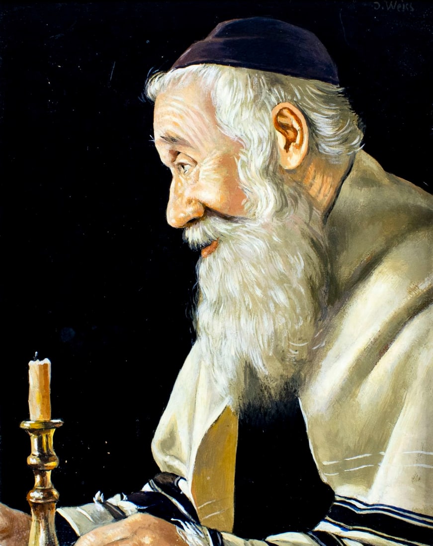Weiss (German,20C) oil painting: ARTIST: Weiss (Germany, 20 century) TITLE: Portrait of Rabbi with Candle MEDIUM: oil on board CONDITION: Missing a few flakes of paint. No visible inpaint under UV light.