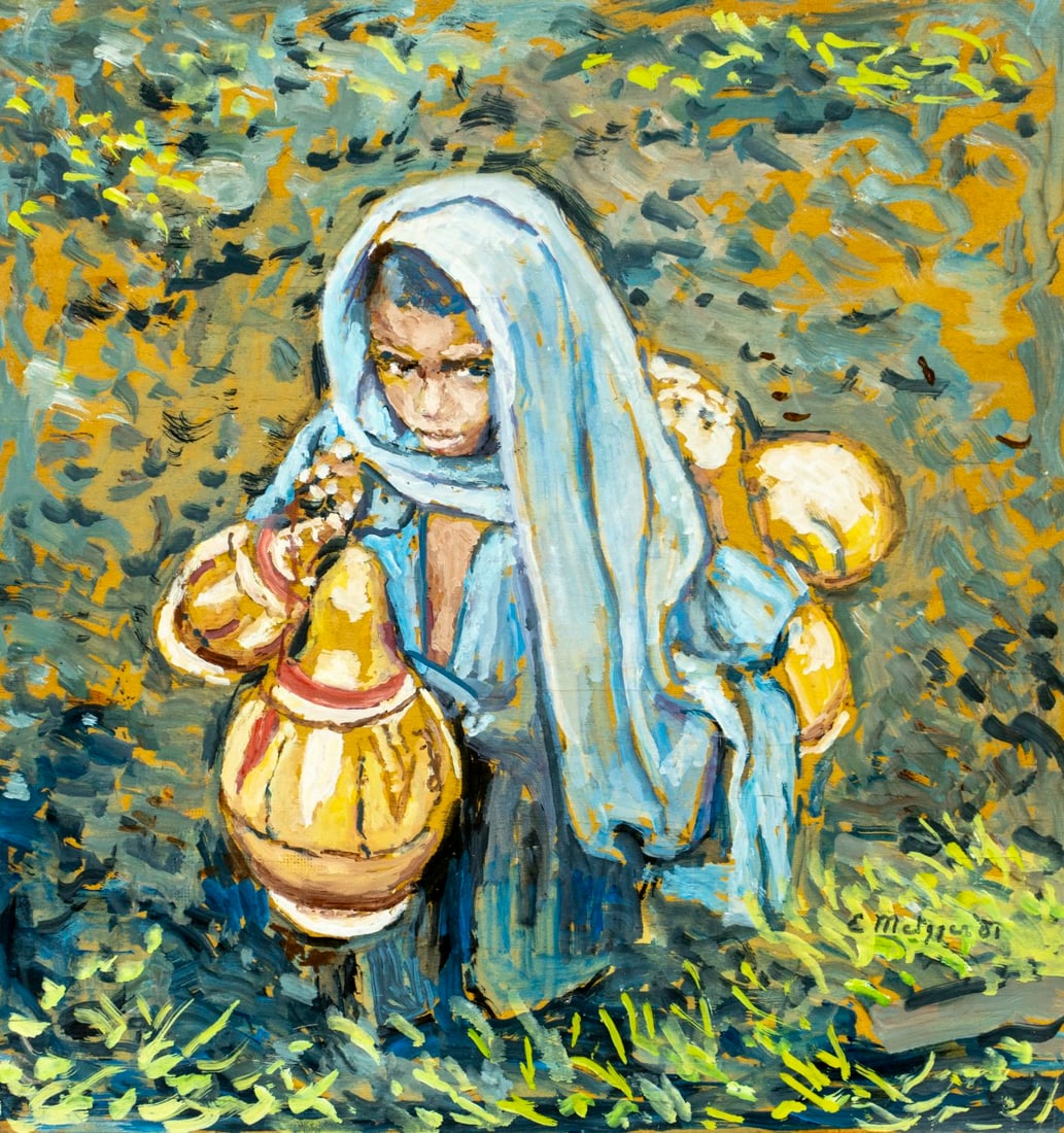Evelyn Metzger (NY,Brazil,1911-2007) oil painting: ARTIST: Evelyn Borchard Metzger (New York, Brazilian, 1911-2007) TITLE: Oriental Woman with Water Vessels YEAR: 2001 MEDIUM: oil on board CONDITION: Few