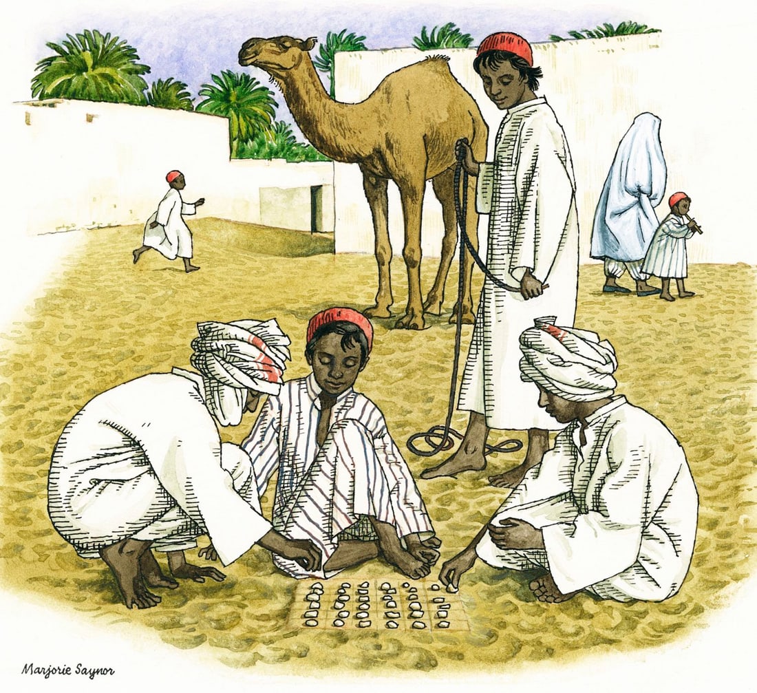 Marjorie Saynor (UK,1924-2012) watercolor painting: ARTIST: Marjorie Saynor (United Kingdom, 1924 - 2012) TITLE: Children Playing, Algeria YEAR: 1979 MEDIUM: watercolor on board CONDITION: Very good.