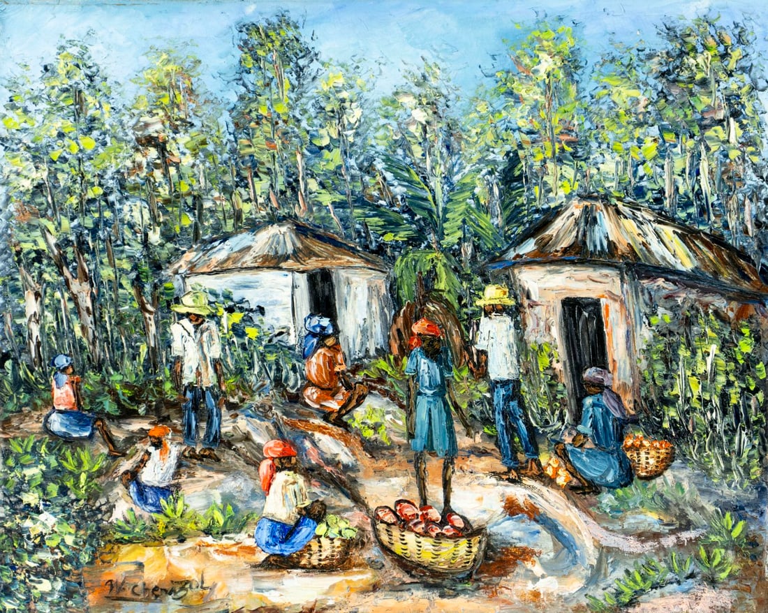 Vintage 20C Haitian oil painting signed: ARTIST: - (Haiti, 20 century) TITLE: Haitian Village Scene MEDIUM: oil on canvas CONDITION: Some craquelure. No visible inpaint under UV light. Normal wear along edges.